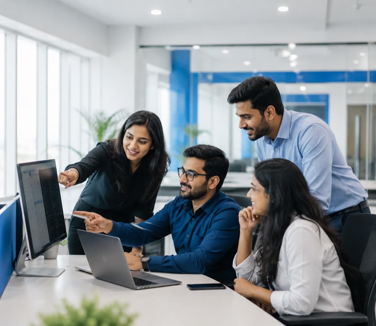 Brainguru Technologies team collaborating on a software and AI project at the Noida office