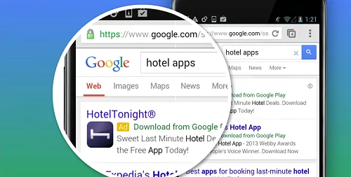Mobile marketing concept showing a Google ad deep-linking into a specific screen inside an installed smartphone app