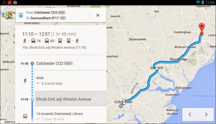 Google Maps app open on a smartphone showing turn-by-turn navigation with lane guidance