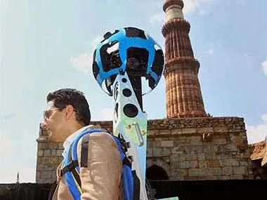 Google Street View 360-degree panoramic imagery of an Indian heritage monument shown on a screen