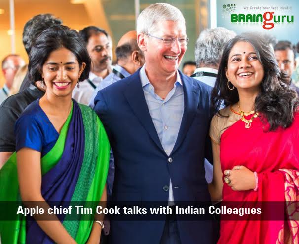 Apple CEO Tim Cook meeting with Indian colleagues at the inauguration of a technology development office in Hyderabad, India